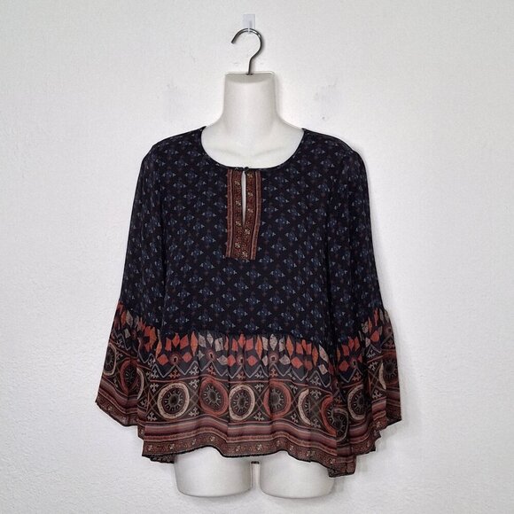 Joie Silk Babydoll Blouse Sz S Sheer Boho Western Aztec Coastal Cowgirl Artsy - Picture 1 of 14